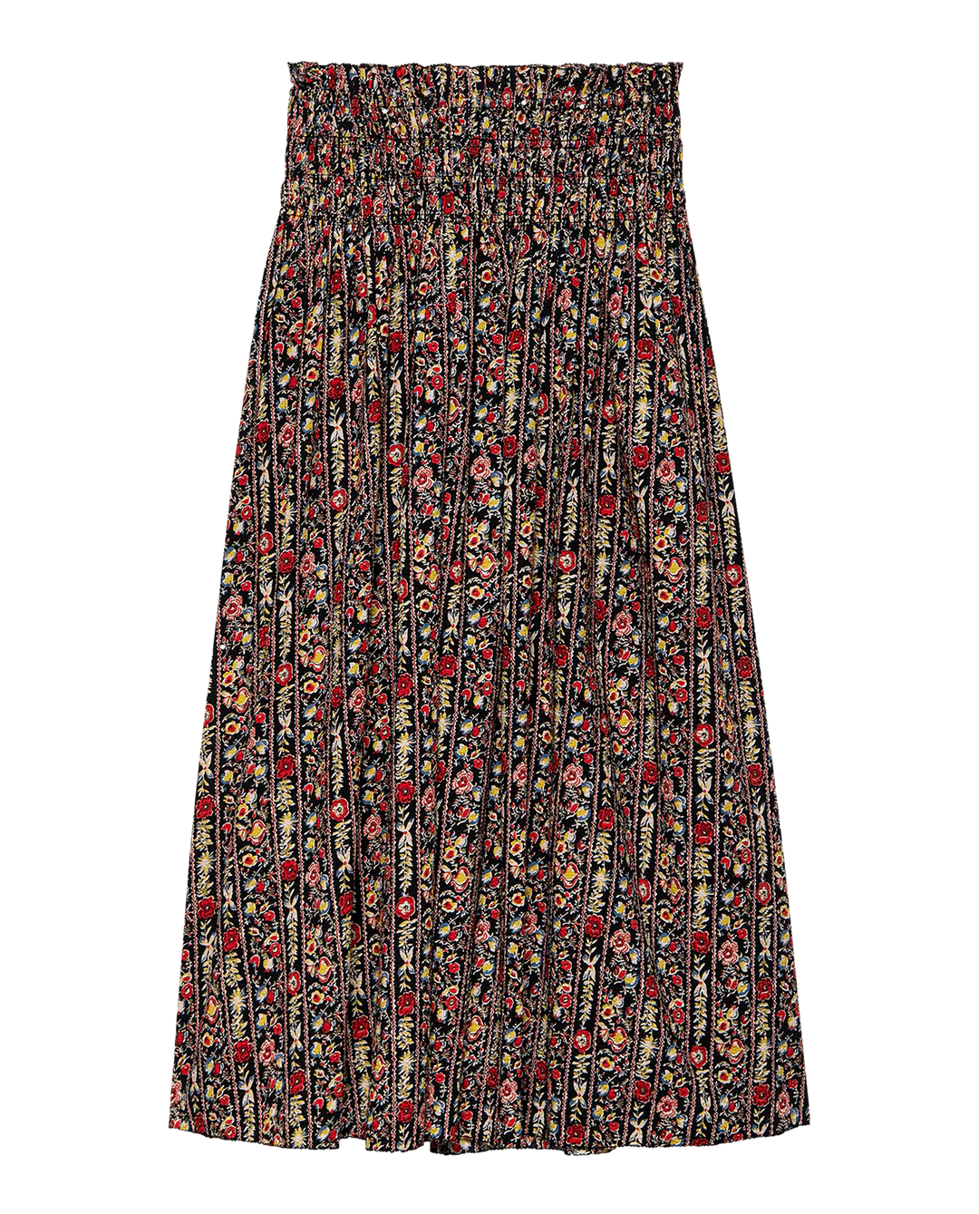 The Great Inc.'s The Canary Skirt is a midi-length cotton seersucker skirt with a black base and vibrant red, yellow, and green floral print. It features a smocked elastic waistband, pleated design, and comfortable pull-on style.