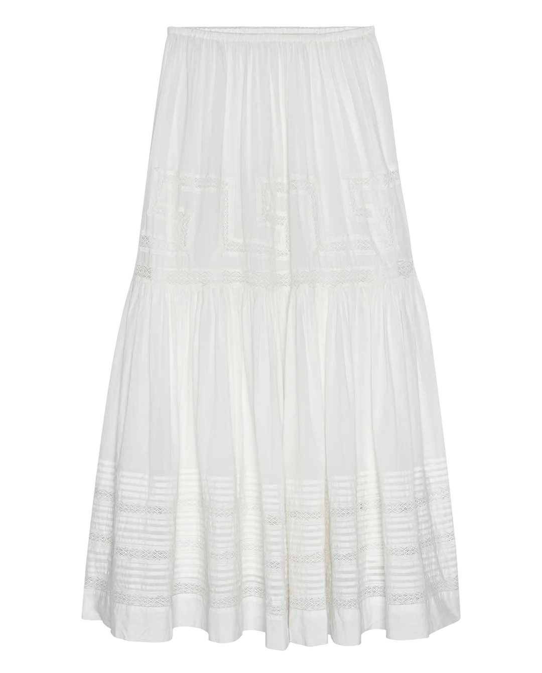The Victorian Skirt by The Great Inc. is a white, ankle-length skirt featuring delicate lace, embroidered details, a gathered waist, and lightweight fabric for a flowy fit.