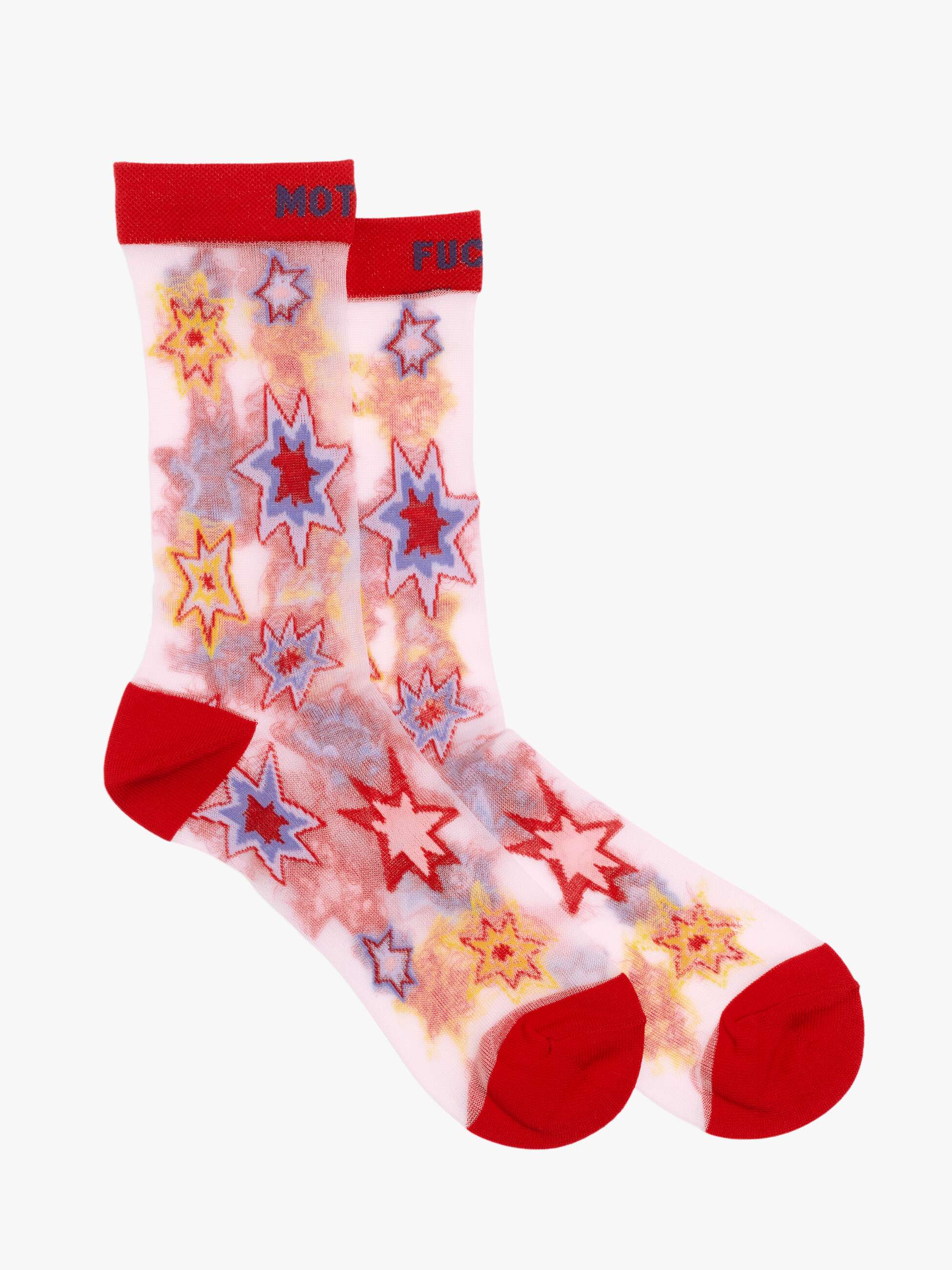 The Step Up Sock by Mother features translucent grey fabric with red heels, toes, and cuffs, colorful star patterns in red, yellow, and blue, plus blue and red text along the cuff's top edge.