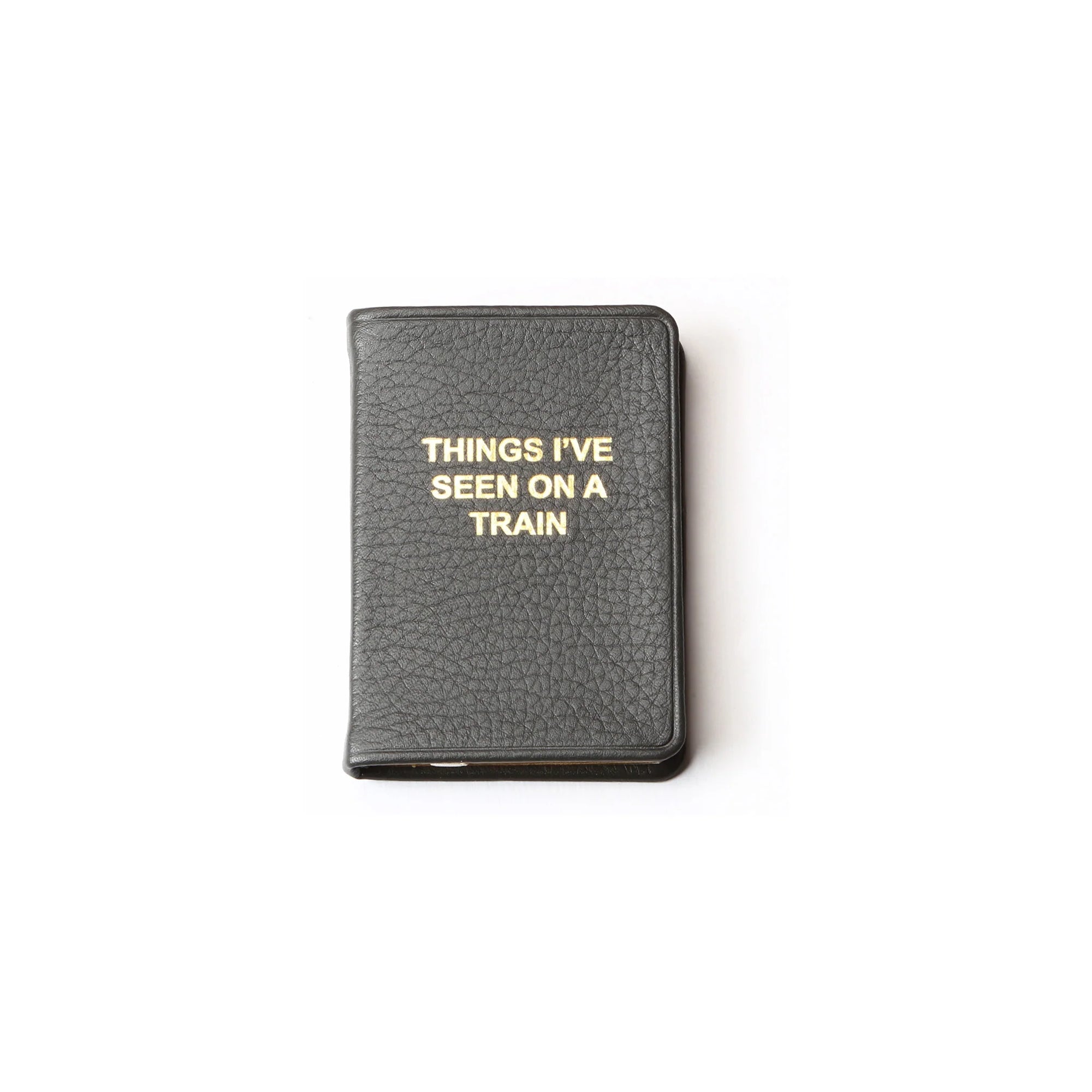 A Mini Notebook by Kempton & Co. in black goatskin leather features gold-embossed "THINGS I'VE SEEN ON A TRAIN" on the cover and lined pages inside, shown centered on a plain white background.