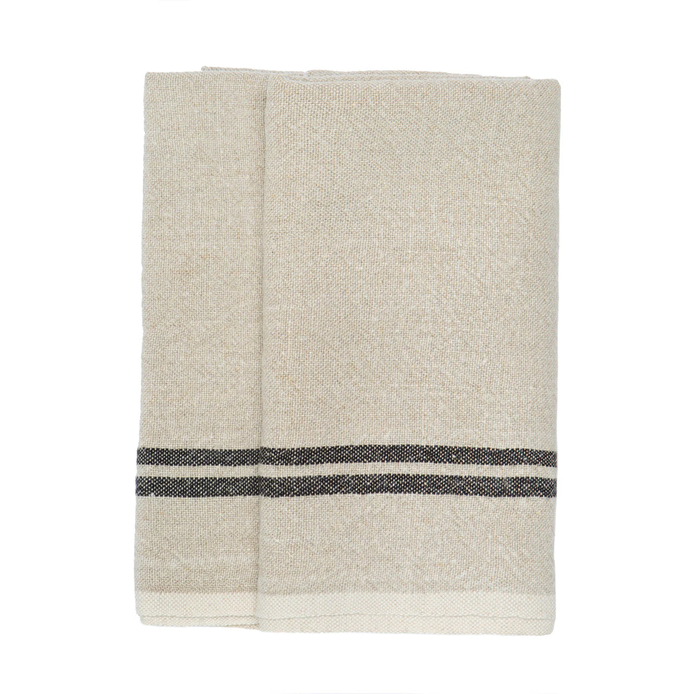 The Caravan Vintage Linen Towels Set-2 features folded beige towels with two dark gray stripes near one edge, displayed on a white background—ideal for bringing rustic charm to your table linens.