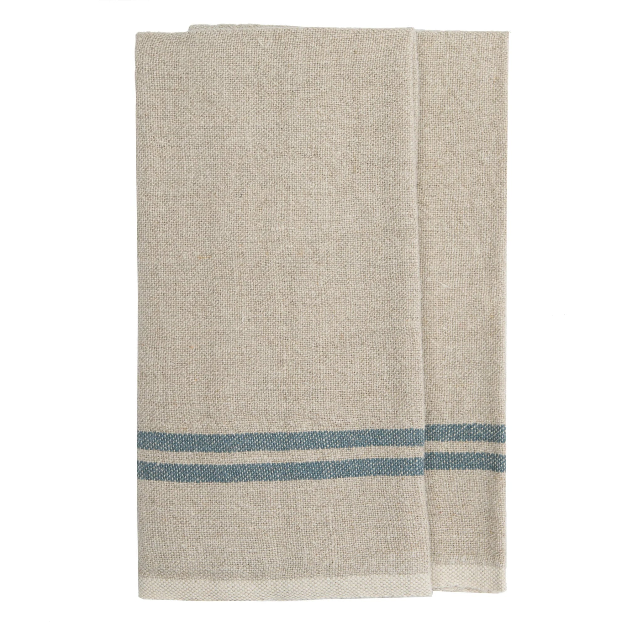 The Caravan Vintage Linen Towels Set-2, from our handmade table linens collection, includes beige towels with two parallel blue stripes near one edge, shown neatly folded on a white background.