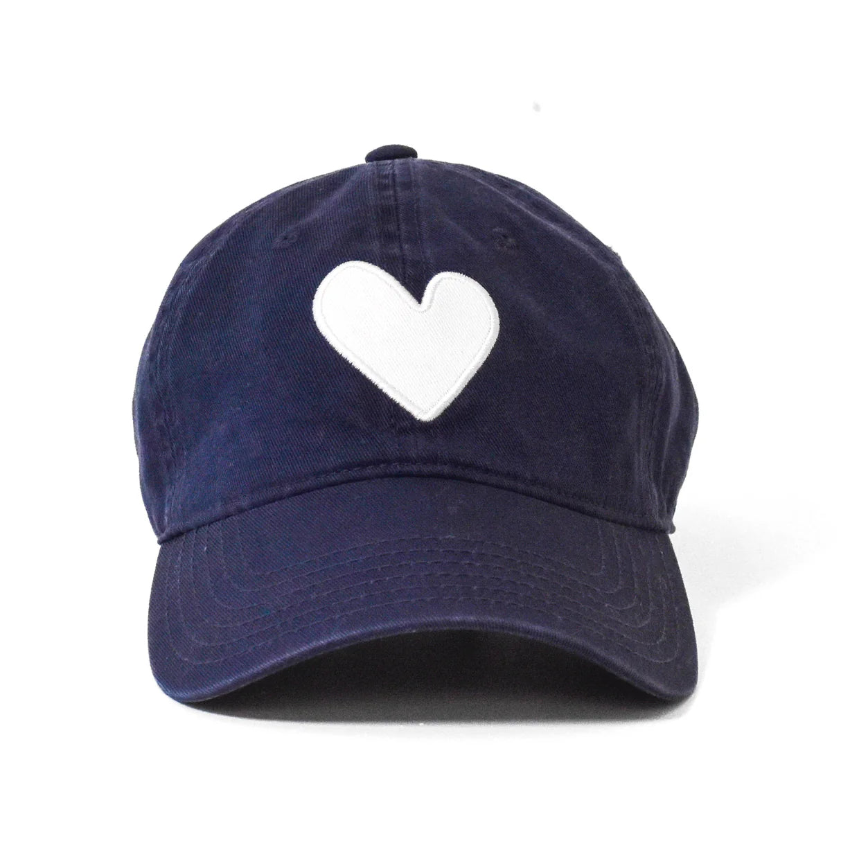 The Kerri Rosenthal Baseball Hat Heart Patch features a navy blue design with an embroidered heart emblem, highlighting today's popular style.
