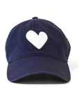 The Kerri Rosenthal Baseball Hat Heart Patch features a navy blue design with an embroidered heart emblem, highlighting today's popular style.