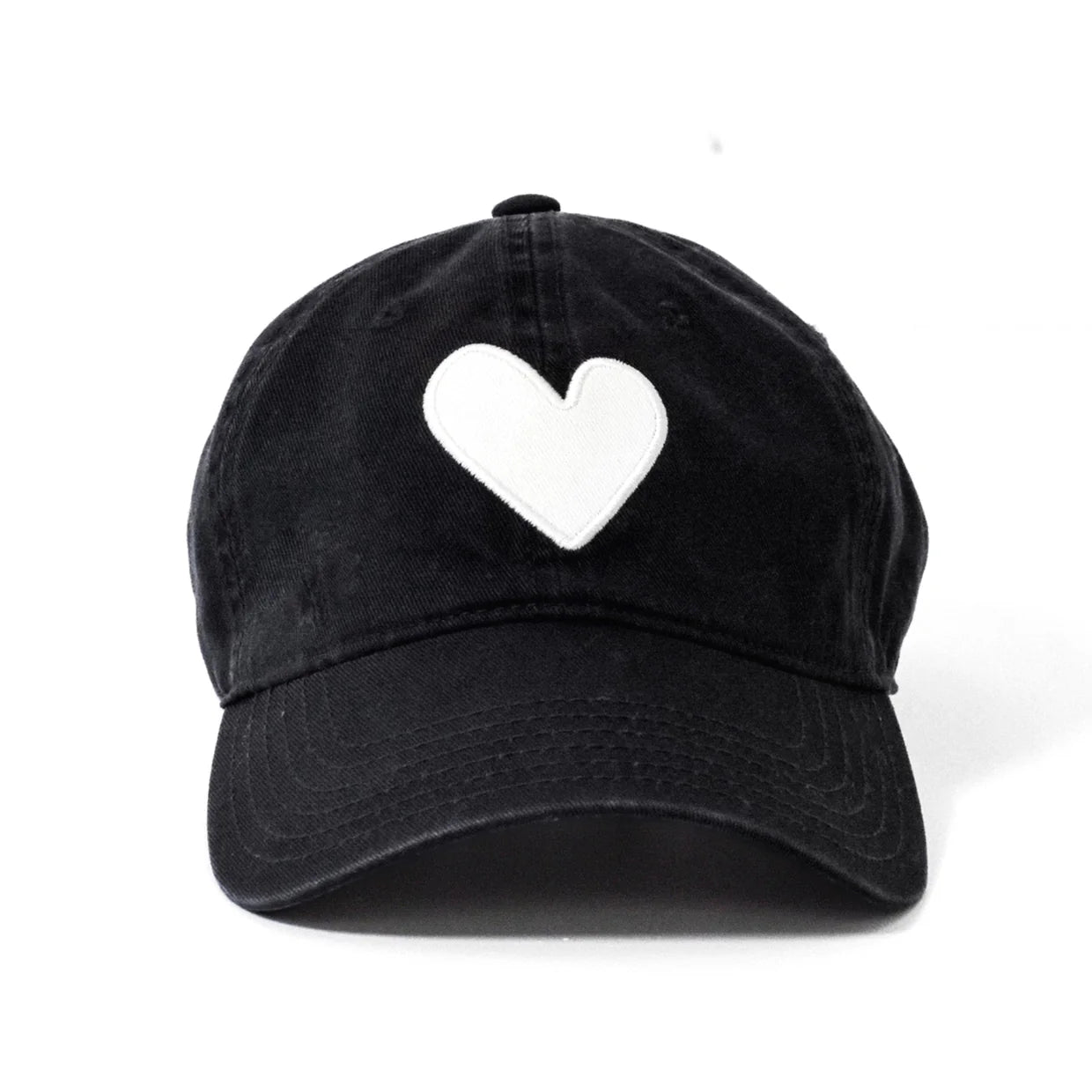 The Kerri Rosenthal Embroidered Heart Hat is a black collegiate cap from the KR CAP-Sule Collection, featuring a large embroidered heart patch on the front and shown against a plain white background.