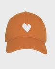 The Kerri Rosenthal Texas Baseball Hat Heart Patch is an orange 100% cotton cap with a white heart design on the front center, ideal for those who appreciate simplicity and style.