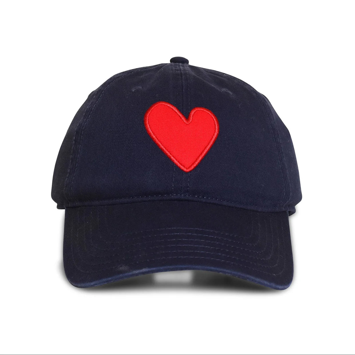 The Kerri Rosenthal Baseball Hat Heart Patch features a navy blue design with a red embroidered heart on the front, shown against a white background—ideal for trendy style enthusiasts.