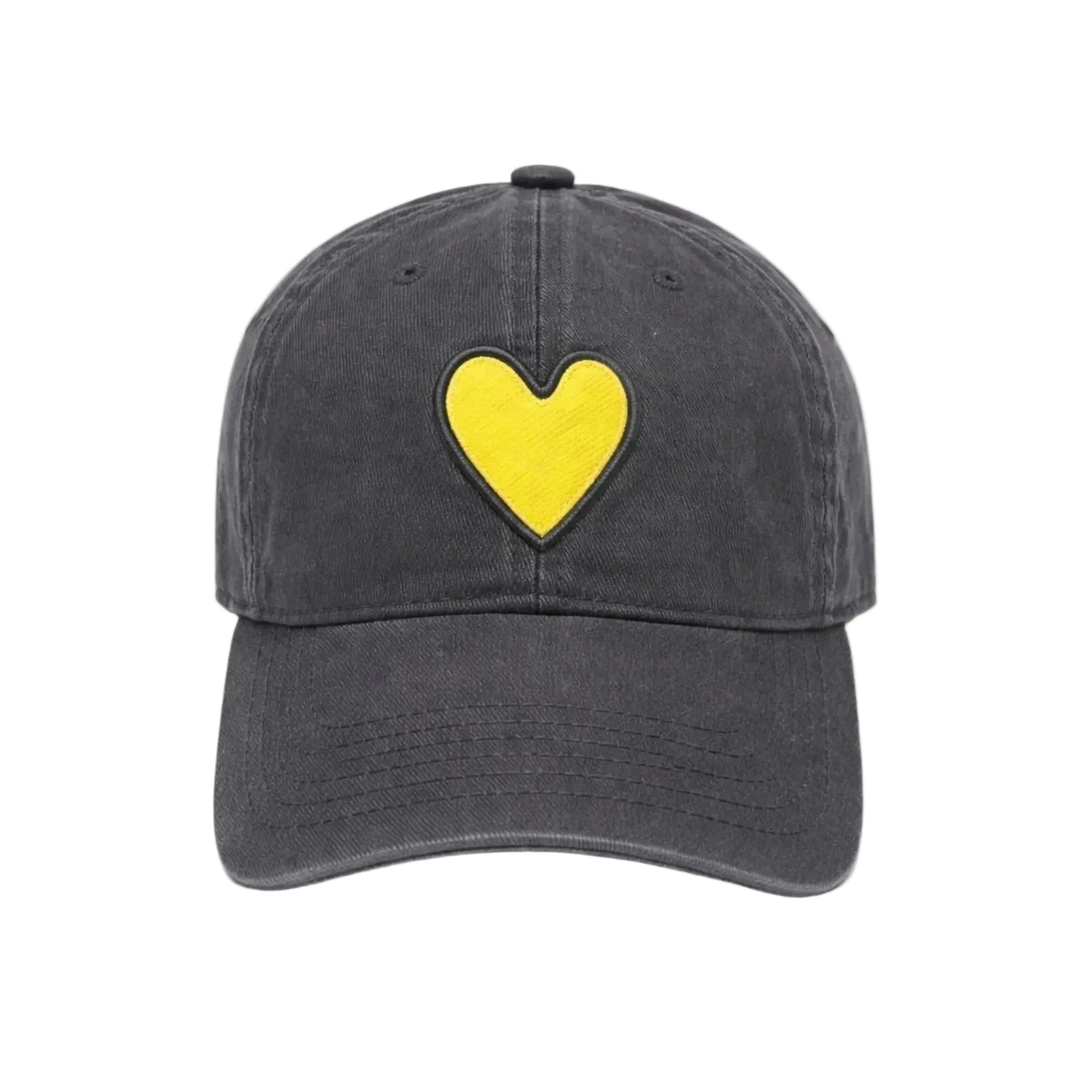 Dark gray hat with yellow heart patch by Kerri Rosenthal, KR Imperfect Heart Hat in Anthracite-Pear.