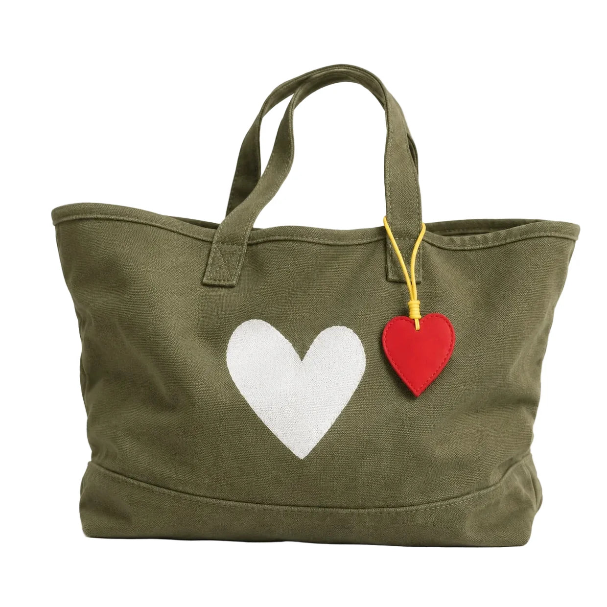 Army green tote with white heart graphic and red leather heart charm, Kerri Rosenthal Imperfect Heart Collection.