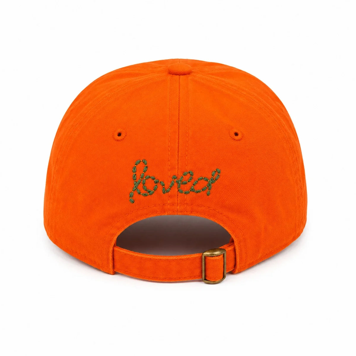Light pink baseball cap with green loved embroidery and adjustable strap, Kerri Rosenthal Imperfect Velvet Heart Hat.