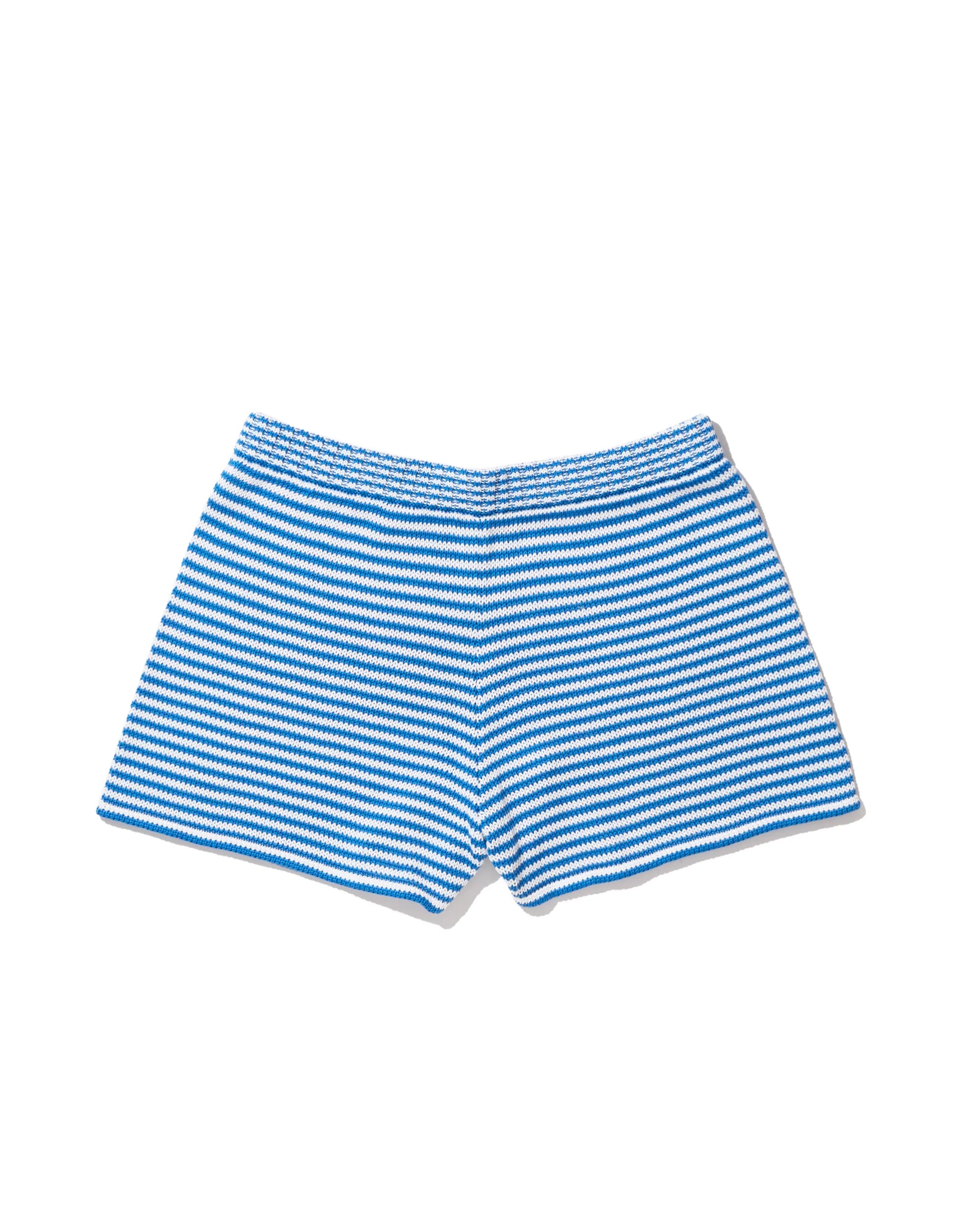 The Agnes by Kule: blue and white cotton knit shorts with a mini stripe pattern and elastic waistband, shown on a white background.