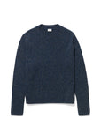 The Cashmere Tatum by Kule, a navy blue cashmere crewneck sweater with long sleeves and extended rib trim at the cuffs and hem, is displayed flat against a white background.