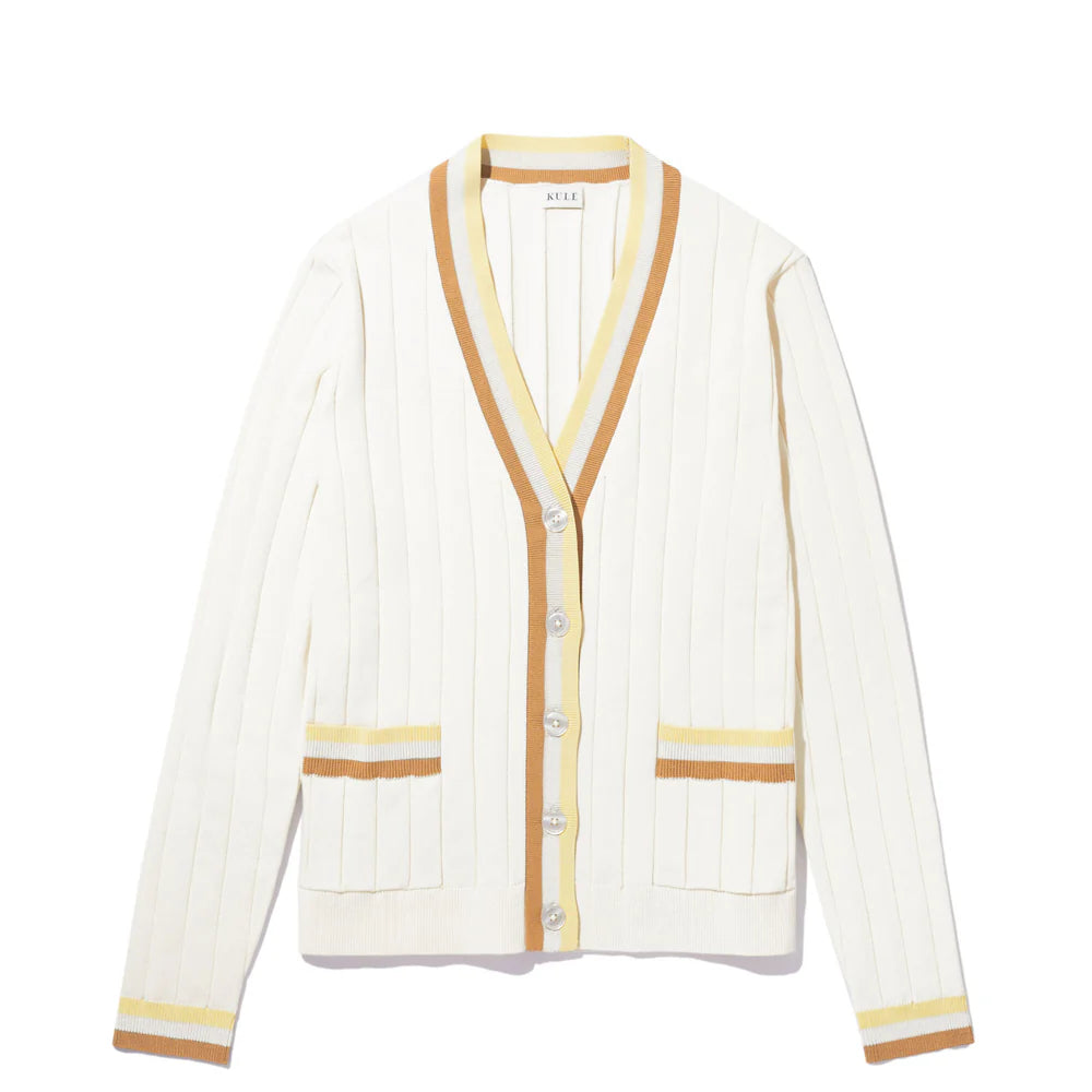 The Kule Dede Cream/Hazelnut is a cream-colored lightweight cardigan with vertical ribbing and a V-neck. Ideal for spring/summer layering, it has tan trim on the neckline, button placket, and cuffs. Featuring two front pockets with tan and mustard stripes and six buttons down the front.