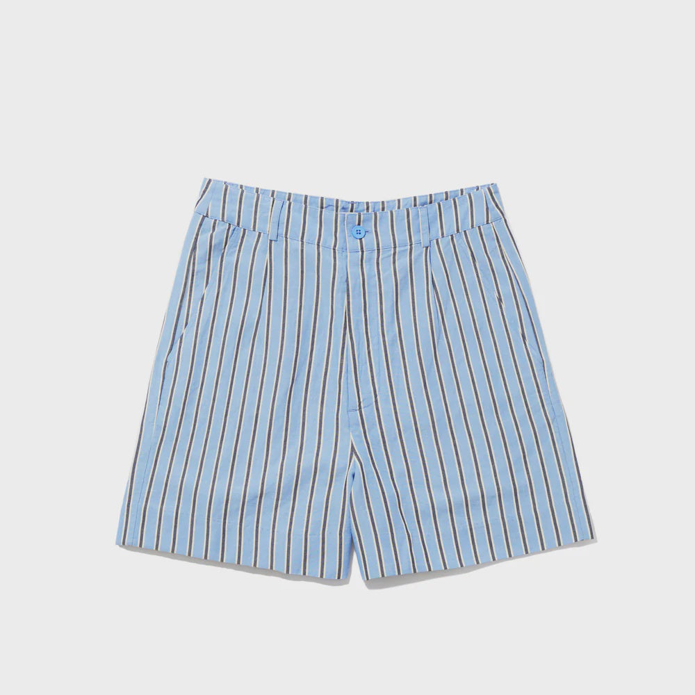Kule's "The Gwen" shorts, in royal blue, beige, and navy stripes on a plain backdrop, feature a tailored waistband, button closure, and side pockets for a chic blend of comfort and style.