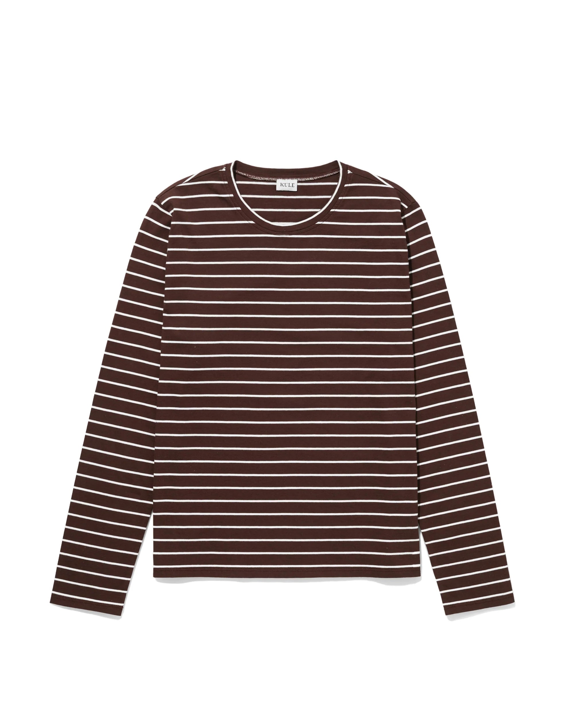 The Modern Long by Kule is a modern long sleeve tee made from soft Portuguese cotton, featuring horizontal white stripes on a dark brown background and shown laid flat on a white surface.