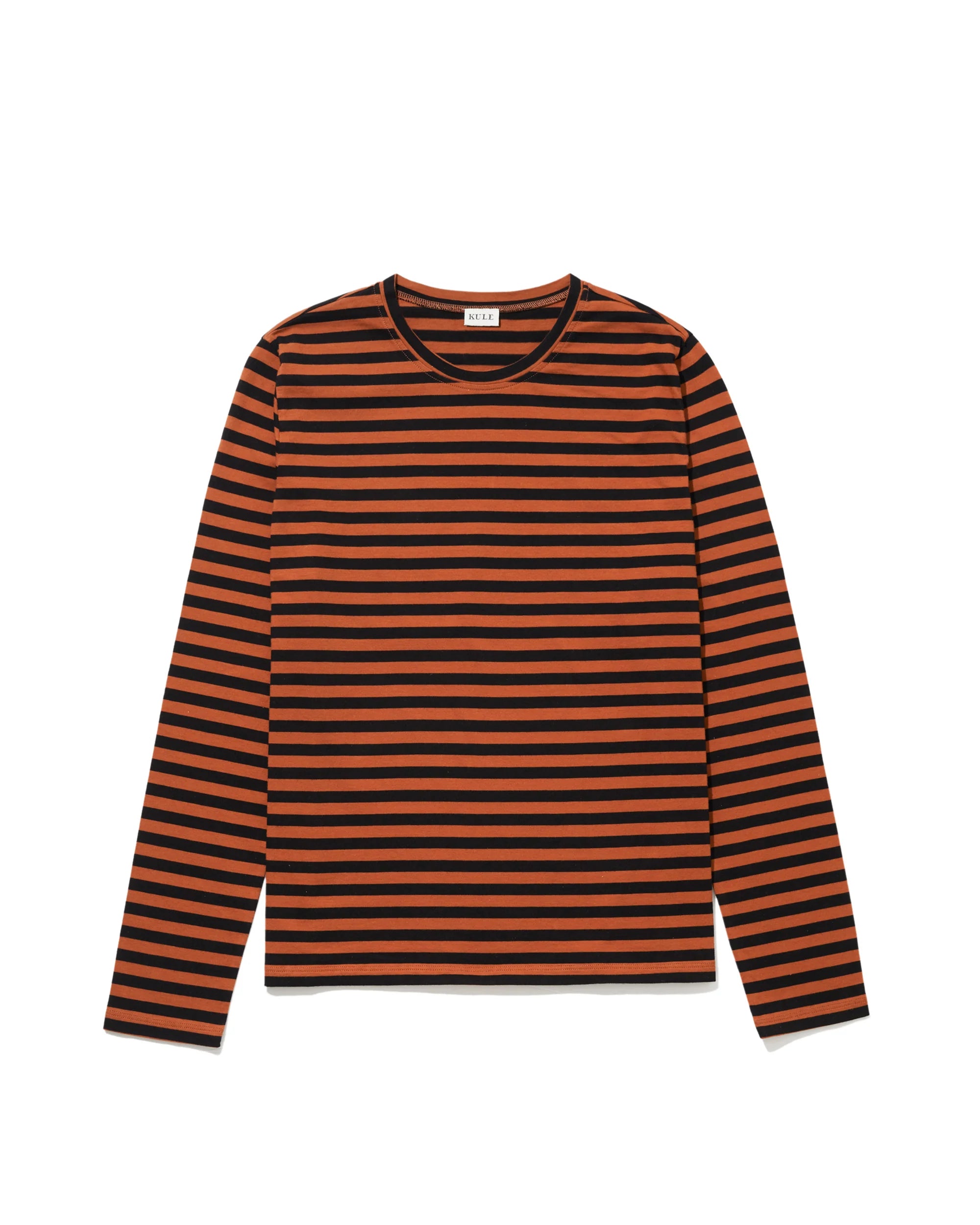 The Modern Long by Kule—a long-sleeve shirt made from soft Portuguese cotton with black and orange stripes—is shown flat on a white background.