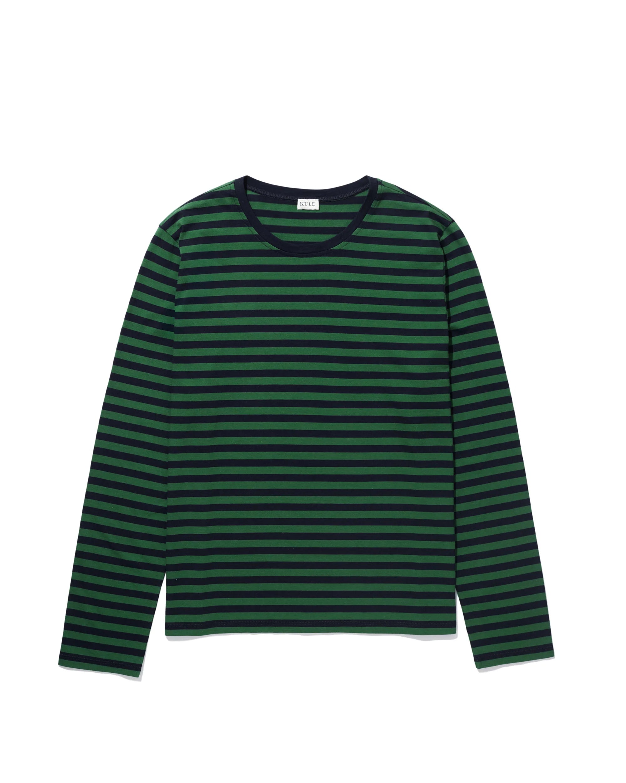 The Modern Long by Kule is a lightweight, long sleeve shirt with horizontal navy blue and green stripes, made from premium Portuguese cotton. Shown laid flat on a white background.