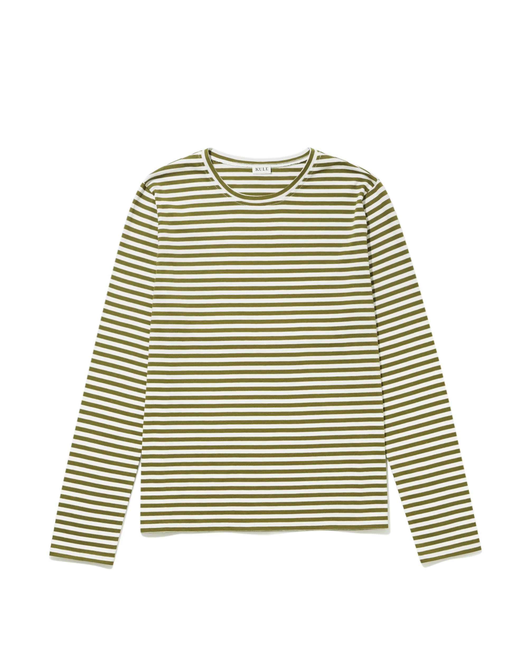 The Modern Long by Kule is a lightweight women's long sleeve tee featuring horizontal olive green and white stripes, crafted from soft Portuguese cotton and displayed on a white background.