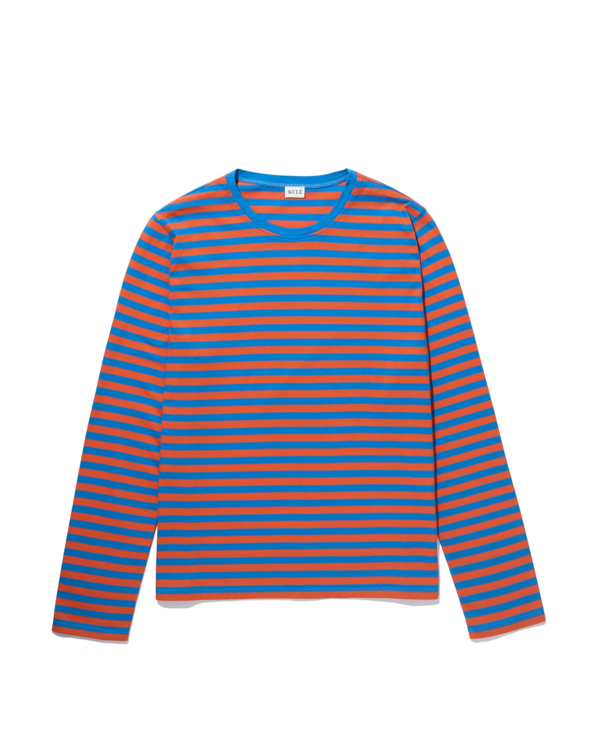 The Kule "Modern Long" is a cotton long sleeve tee with blue and red horizontal stripes, shown flat on a white background.