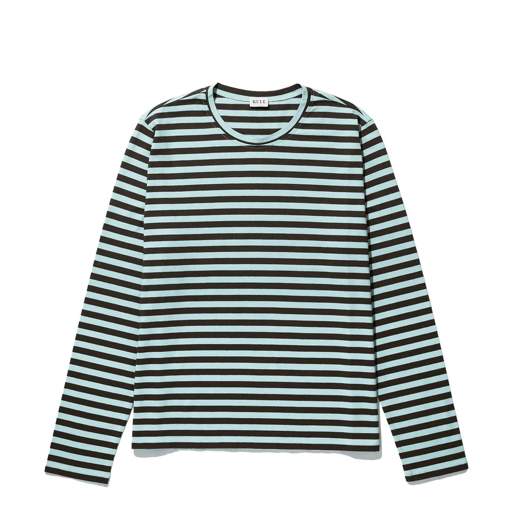 The Modern Long by Kule is a lightweight long sleeve shirt with black and light blue horizontal stripes. Crafted from premium Portuguese cotton, this versatile basic tee features a round neckline, making it ideal for any occasion.