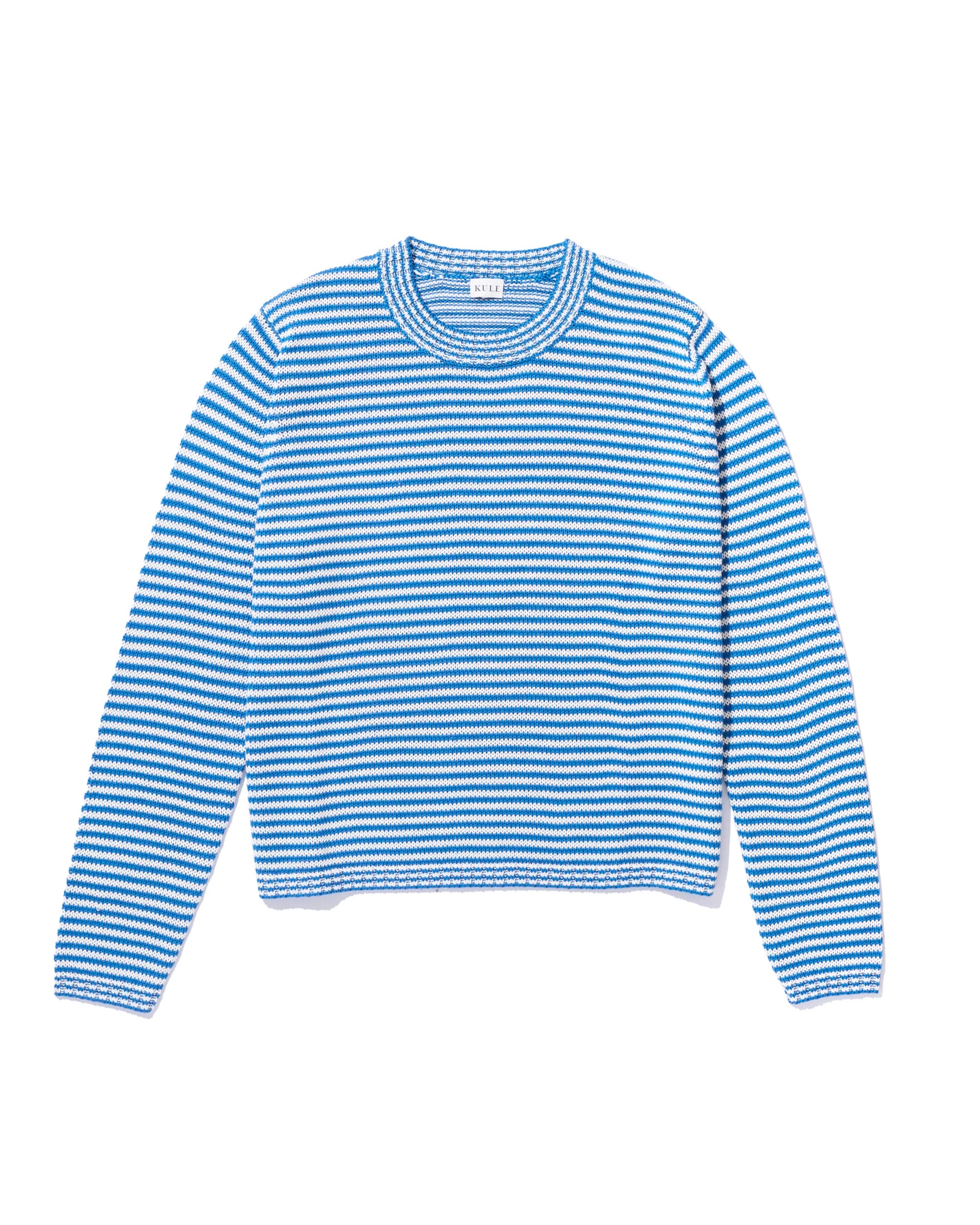 The Peyton by Kule is a 100% cotton, long-sleeve crew-neck sweater featuring blue and white horizontal stripes, shown laid flat on a white background.