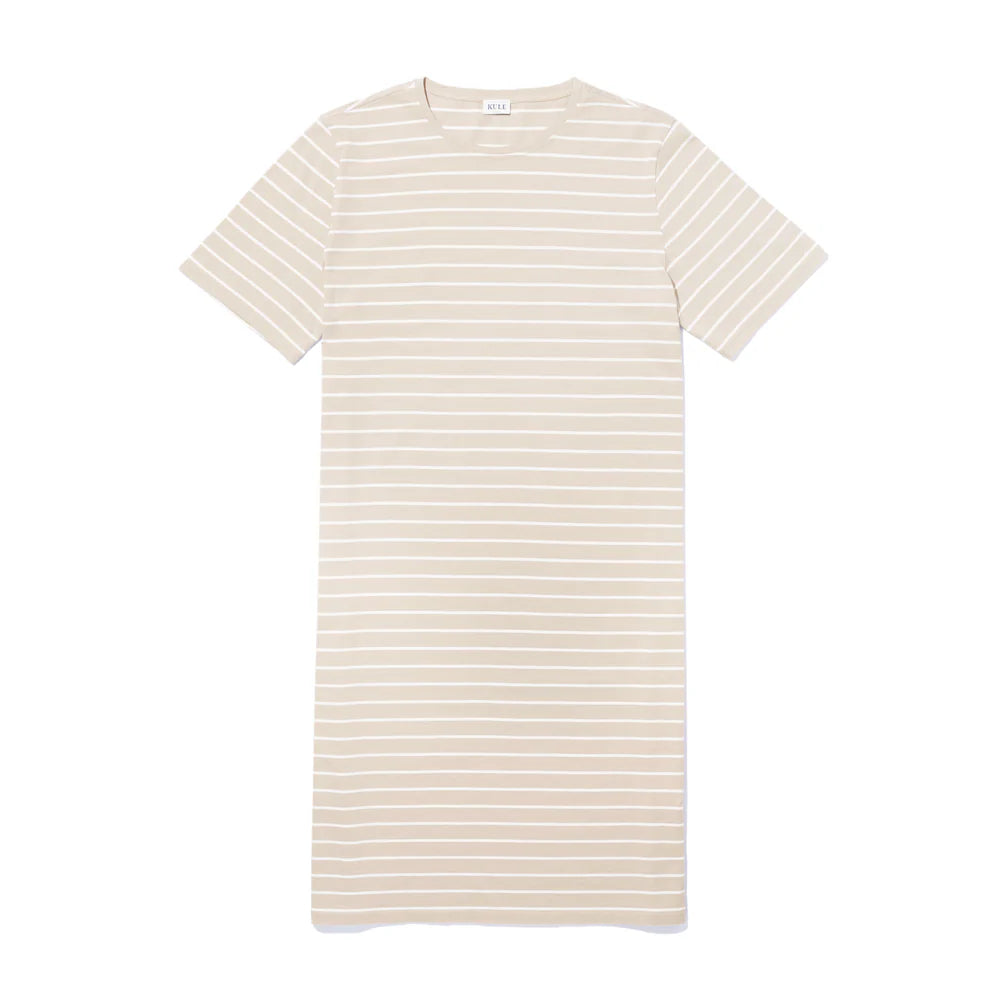 The Kule "The Tee Dress Sand/White Pinstripe" is a beige and white striped dress made from 100% cotton, with short sleeves, shown on a white background.