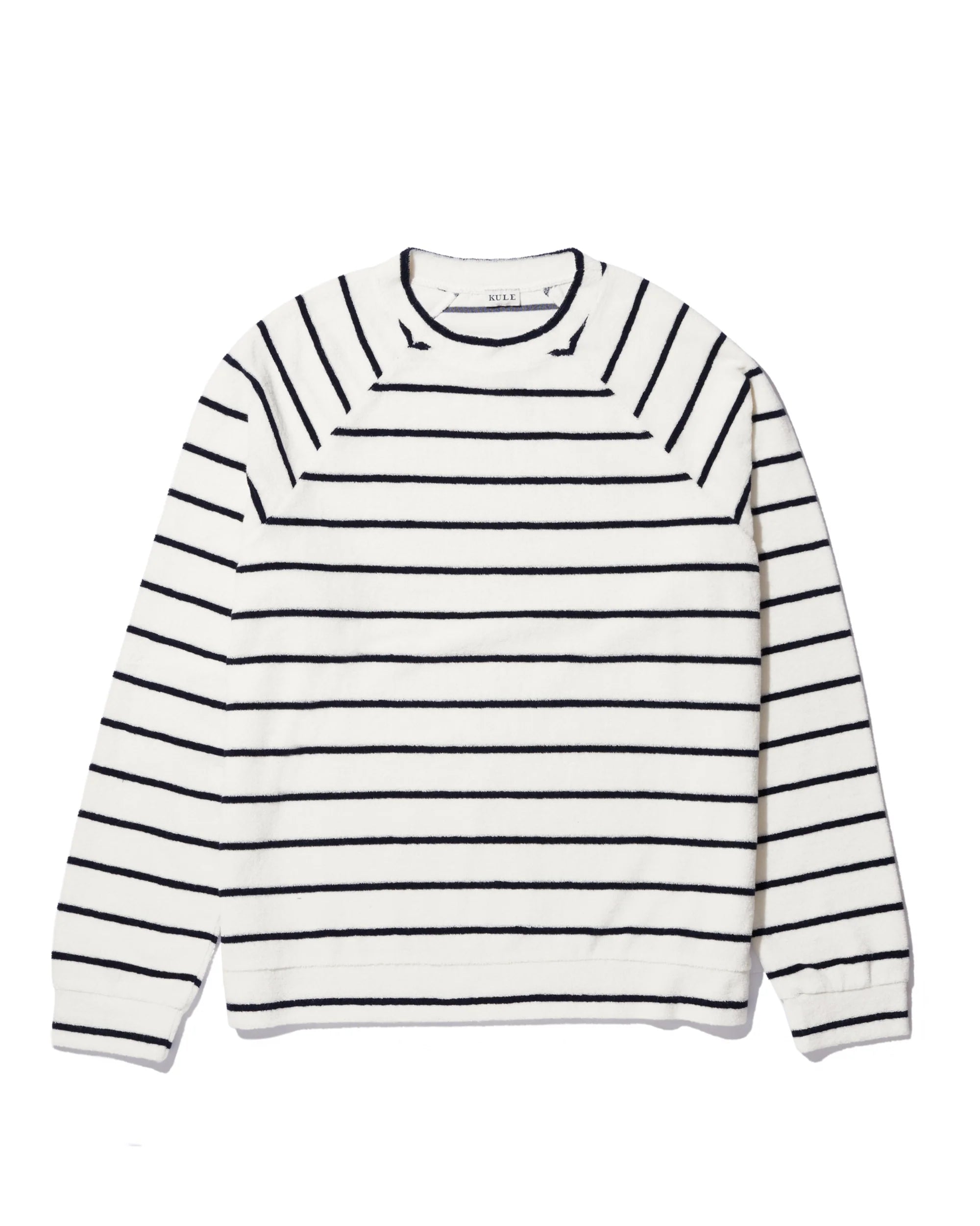 The Terry Franny sweatshirt by Kule is a white cotton-blend, long-sleeve crewneck with evenly spaced horizontal black stripes, shown laid flat on a white background.