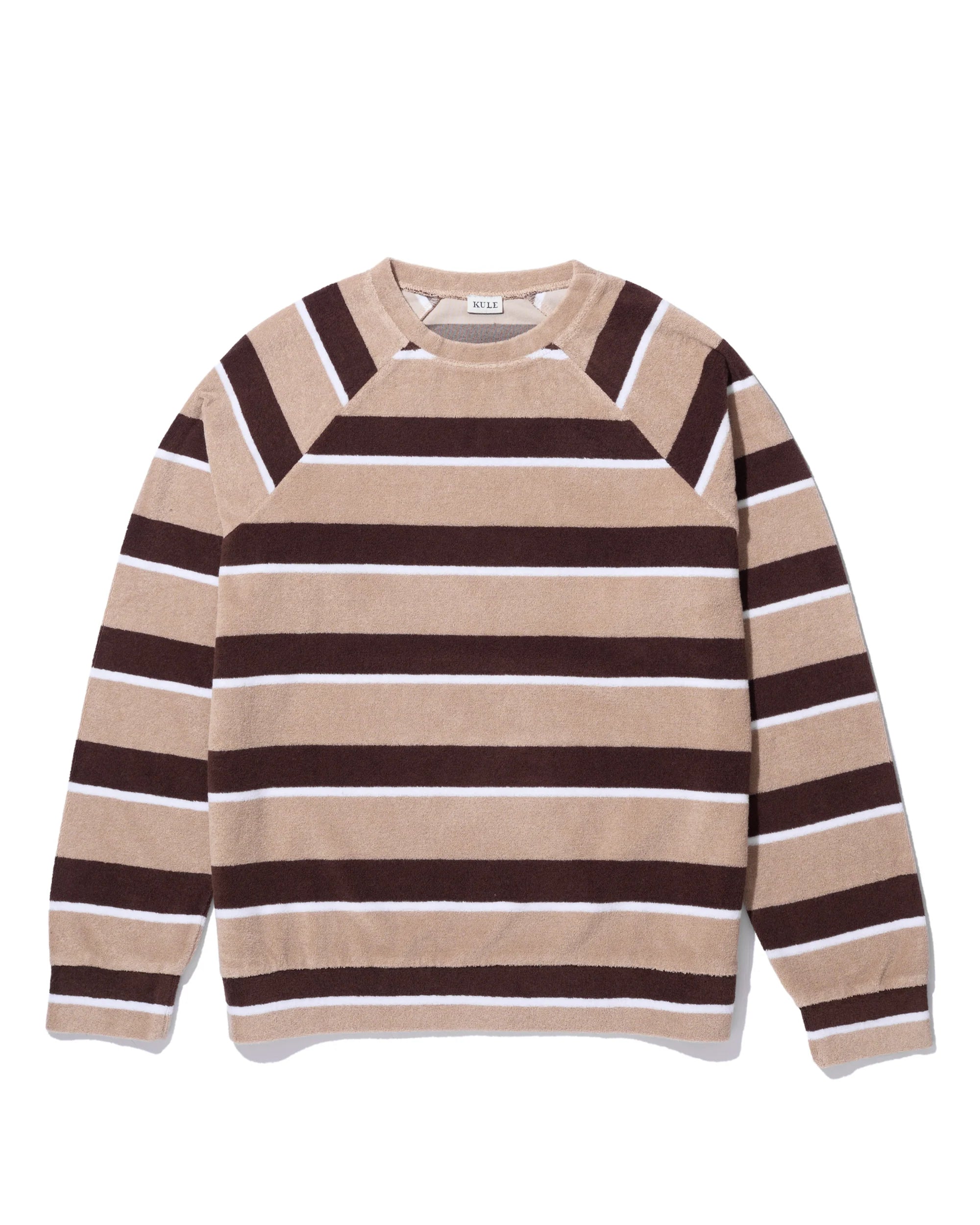 The Terry Franny sweatshirt by Kule is a long-sleeve cotton-blend featuring wide beige, brown, and off-white stripes and a comfy raglan sleeve design, shown flat on a white background.