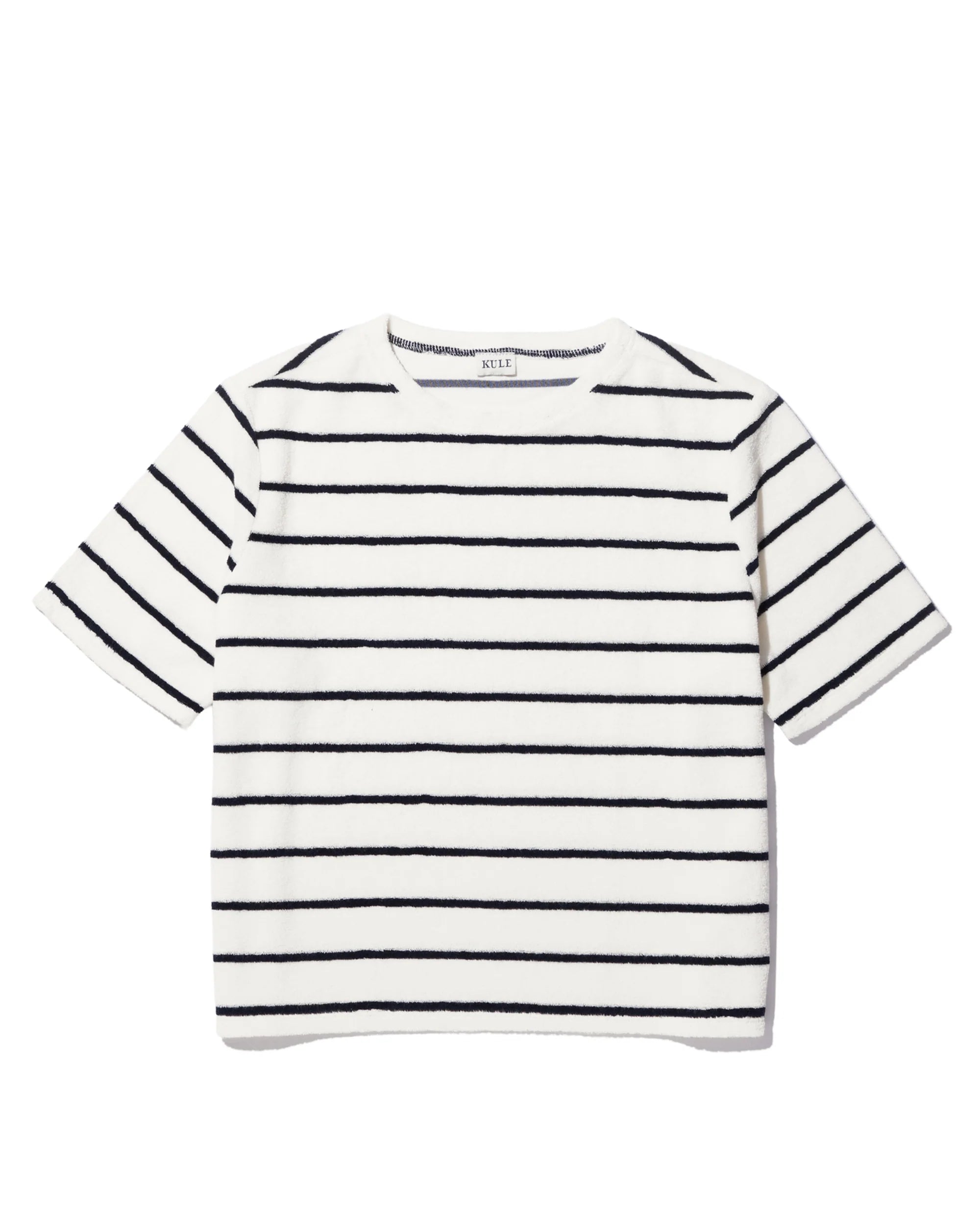 The Terry Hurley by Kule is a roomy, short-sleeve white cotton-blend T-shirt with evenly spaced horizontal black stripes, shown laid flat on a white background.