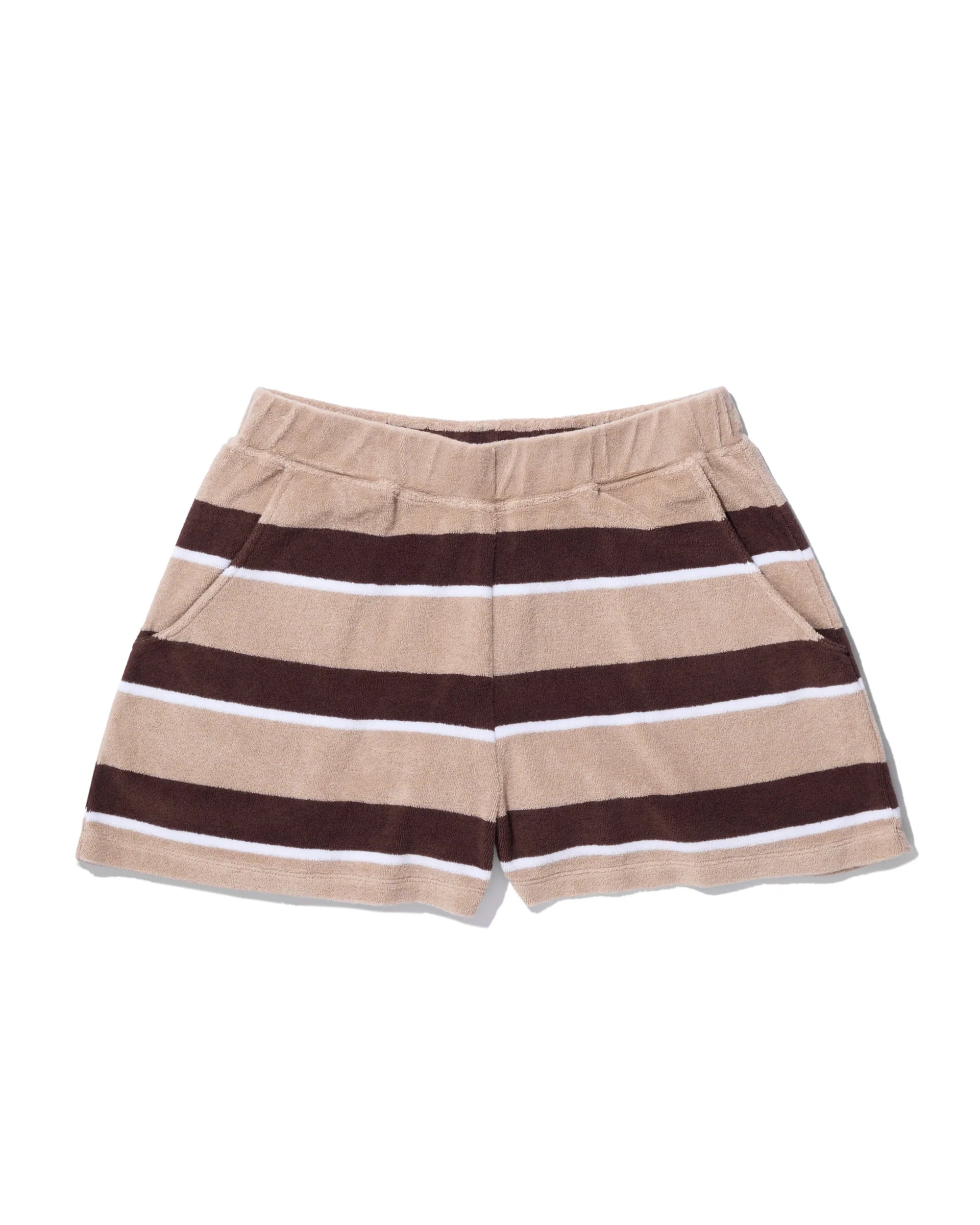 The Kule Terry Venus short features tan cotton-blend terry fabric, an elastic waist, front pockets, and horizontal dark brown and white stripes, shown laid flat on a white background.