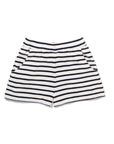 The Eco Cotton Venus shorts by Kule are white pull-on shorts made from organic cotton, with horizontal black stripes and side pockets.