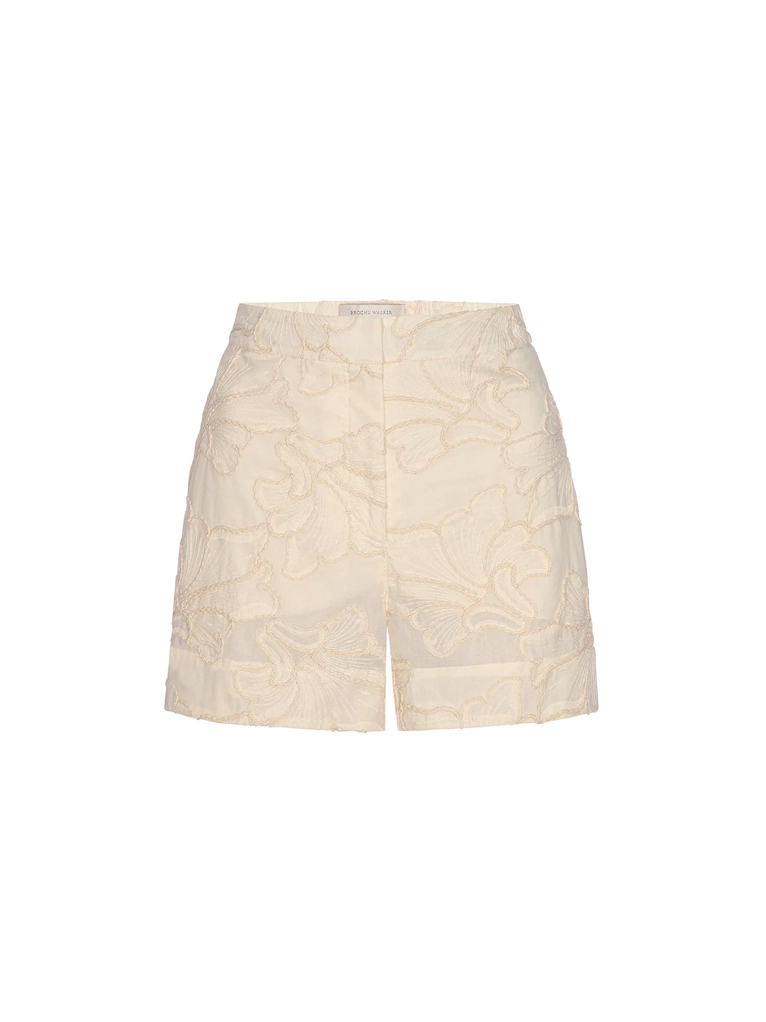 The KAIA EMBROIDERED SHORT by BROCHU WALKER in cream features a tailored fit and delicate floral embroidery, crafted from premium Italian cotton fabric, shown on a plain white background.