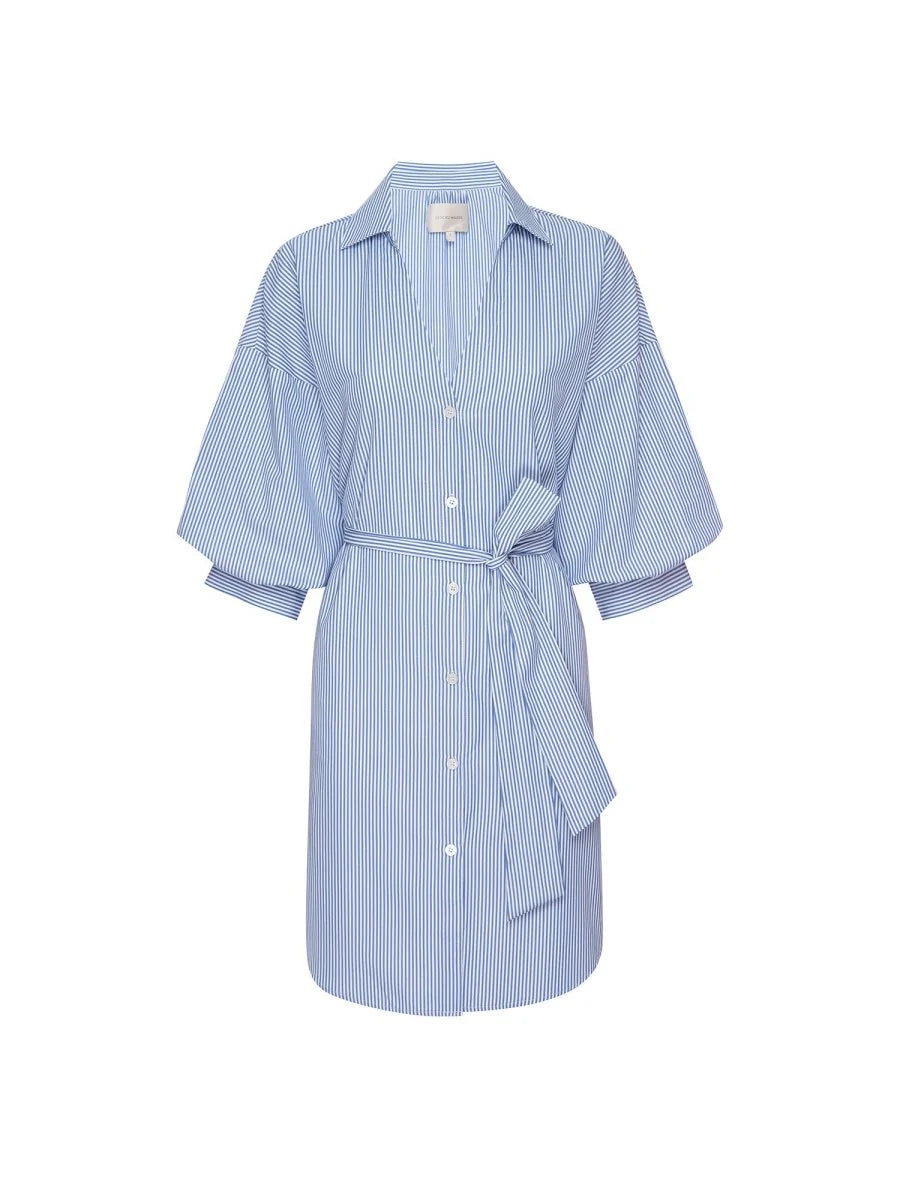 The KATE BELTED DRESS by BROCHU WALKER features light blue and white stripes, a collared neckline, elbow-length blouson sleeves, button-down front, and a matching fabric belt at the waist.