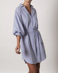 A woman wears the KATE BELTED DRESS by BROCHU WALKER, a loose-fitting blue and white vertical striped shirtdress with long sleeves and a tied waist belt, standing against a plain light background.