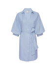 The KATE BELTED DRESS by BROCHU WALKER features light blue and white stripes, a collared neckline, elbow-length blouson sleeves, button-down front, and a matching fabric belt at the waist.