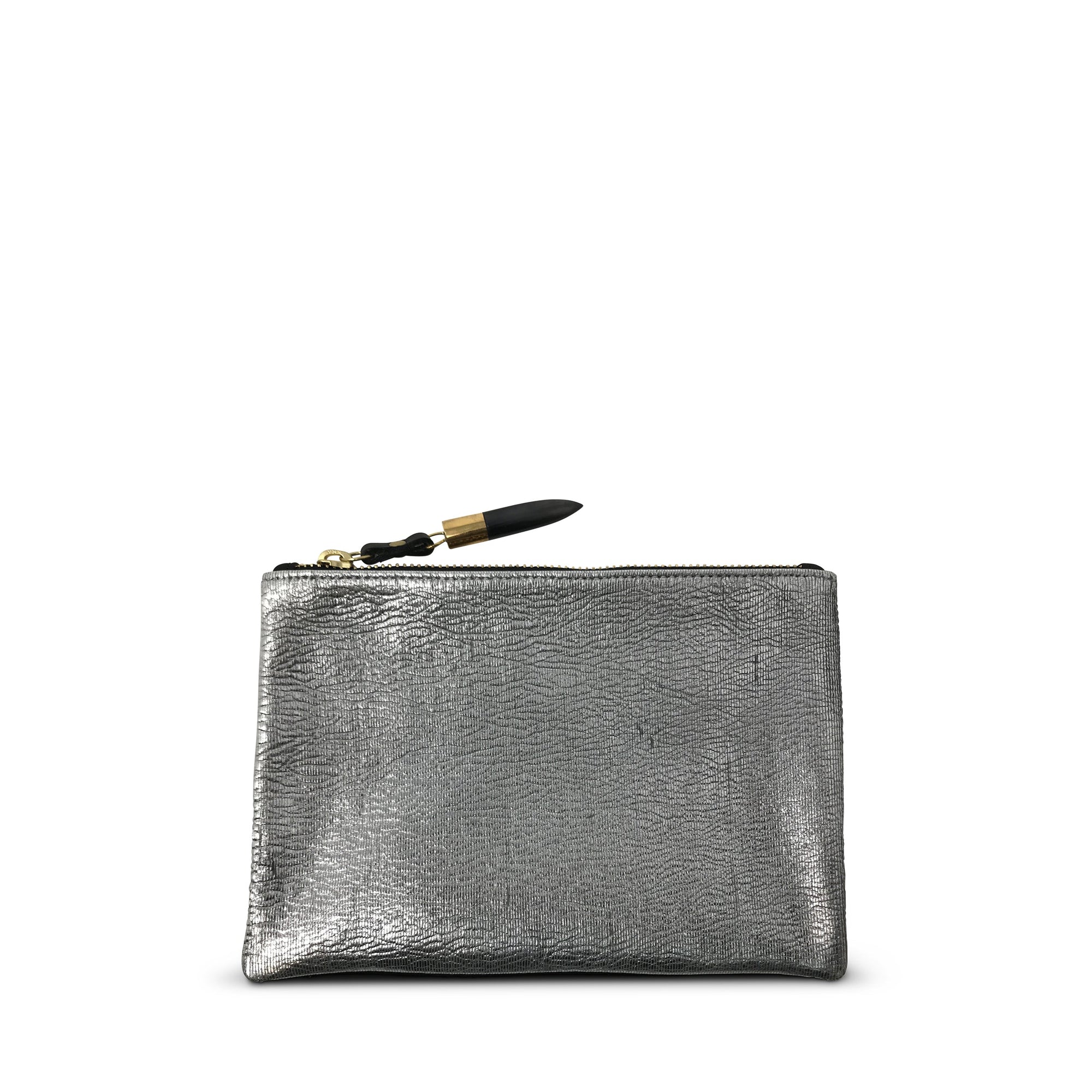 The Kempton & Co. Small Pouch features metallic silver lambskin leather with a subtle texture and a black zipper pull—an elegant, compact clutch for your essentials, shown against a plain white background.
