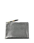 The Kempton & Co. Small Pouch features metallic silver lambskin leather with a subtle texture and a black zipper pull—an elegant, compact clutch for your essentials, shown against a plain white background.