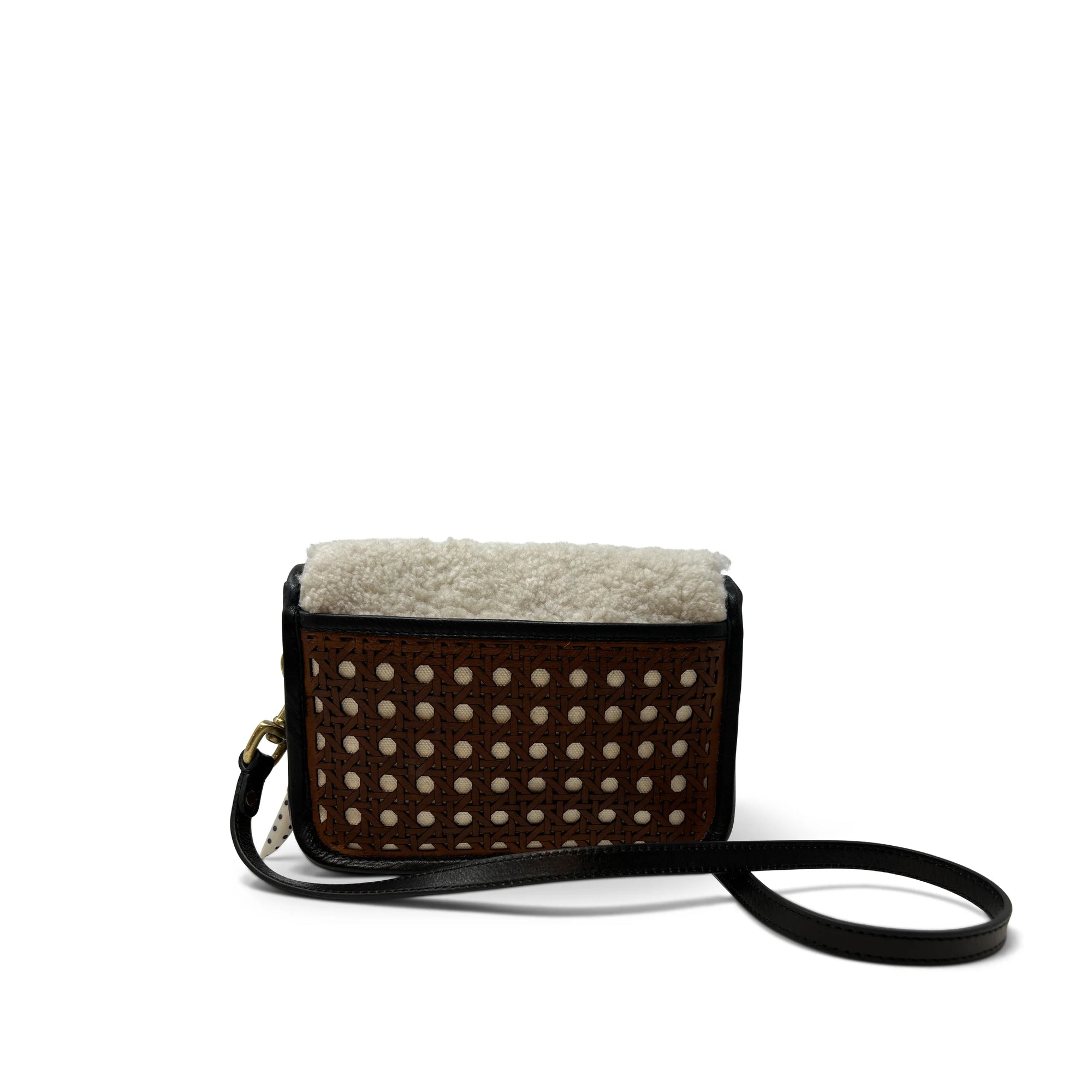 The Mini Mia Crossbody by Kempton & Co. features a black strap, white textured top, and brown woven cane front panel, shown against a plain white background.