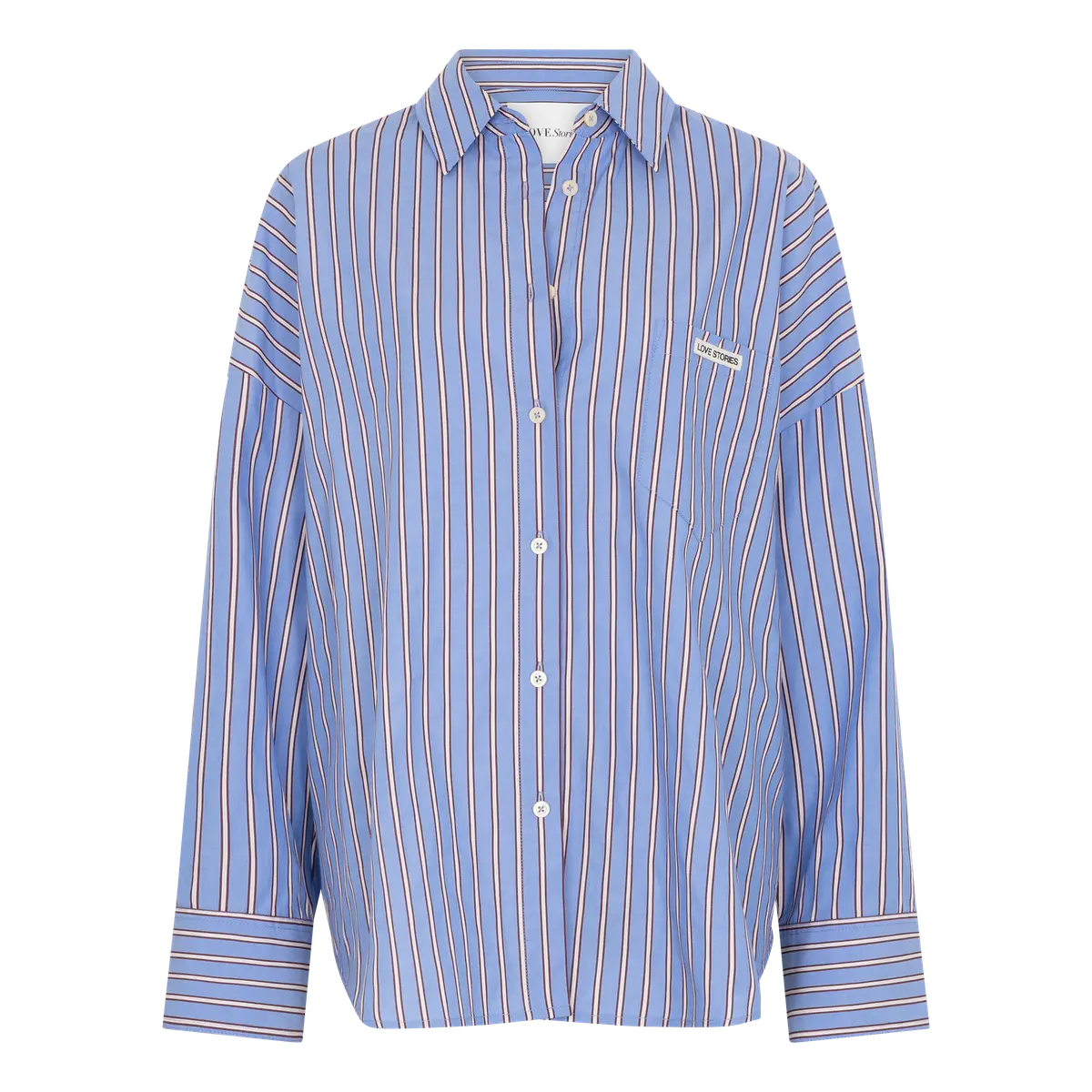 Blue cotton shirt with white and red stripes, wide cuffs, buttons, and chest pocket by Love Stories HILLARY.