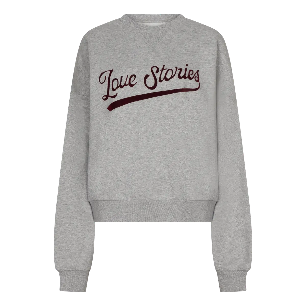 Gray oversized cotton-blend sweater with red Love Stories script by SLOANE, long sleeves, cozy casual style.