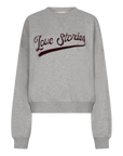 Gray oversized cotton-blend sweater with red Love Stories script by SLOANE, long sleeves, cozy casual style.