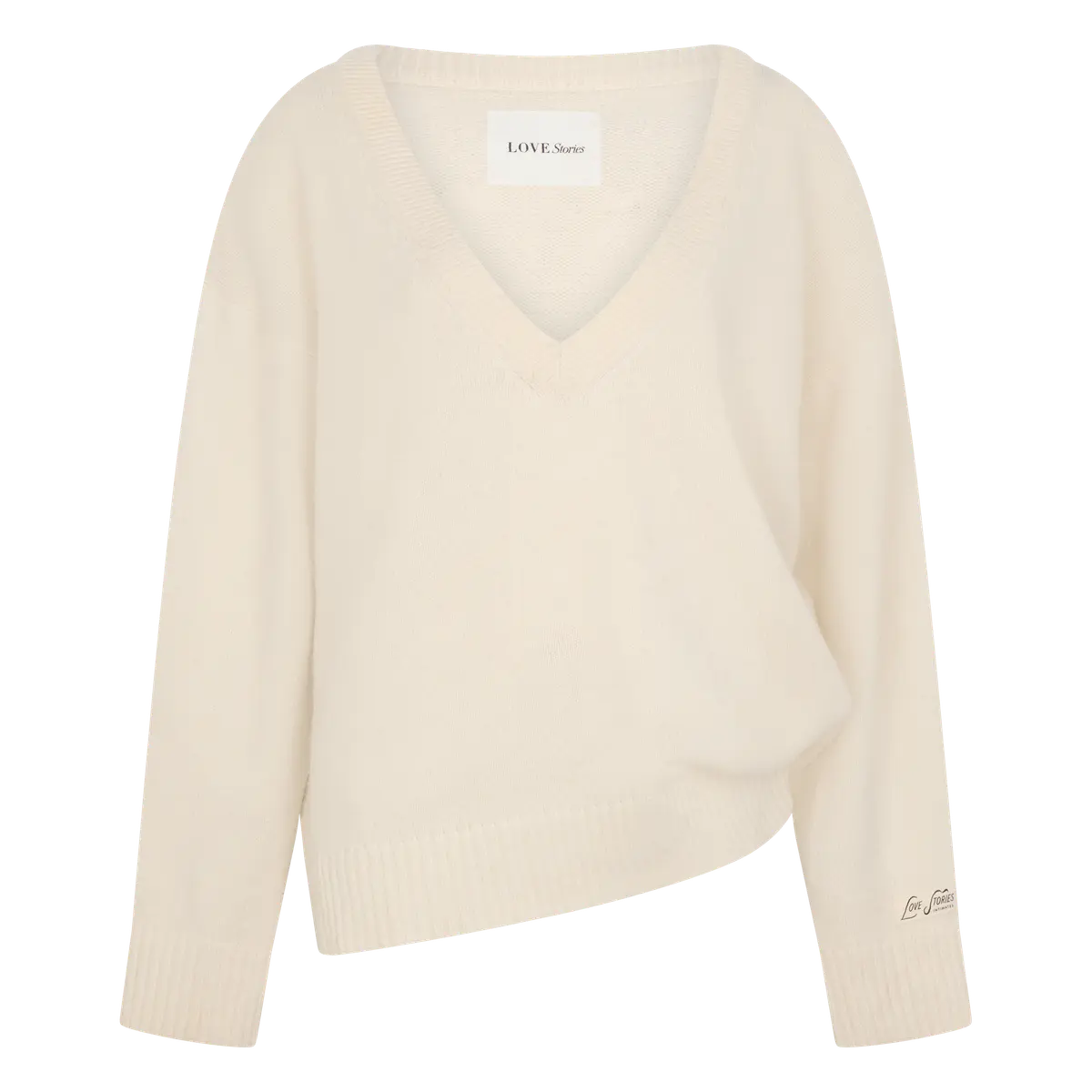 Cream wool-blend V-neck jumper with long sleeves and ribbed cuffs, Love Stories RACHEL.