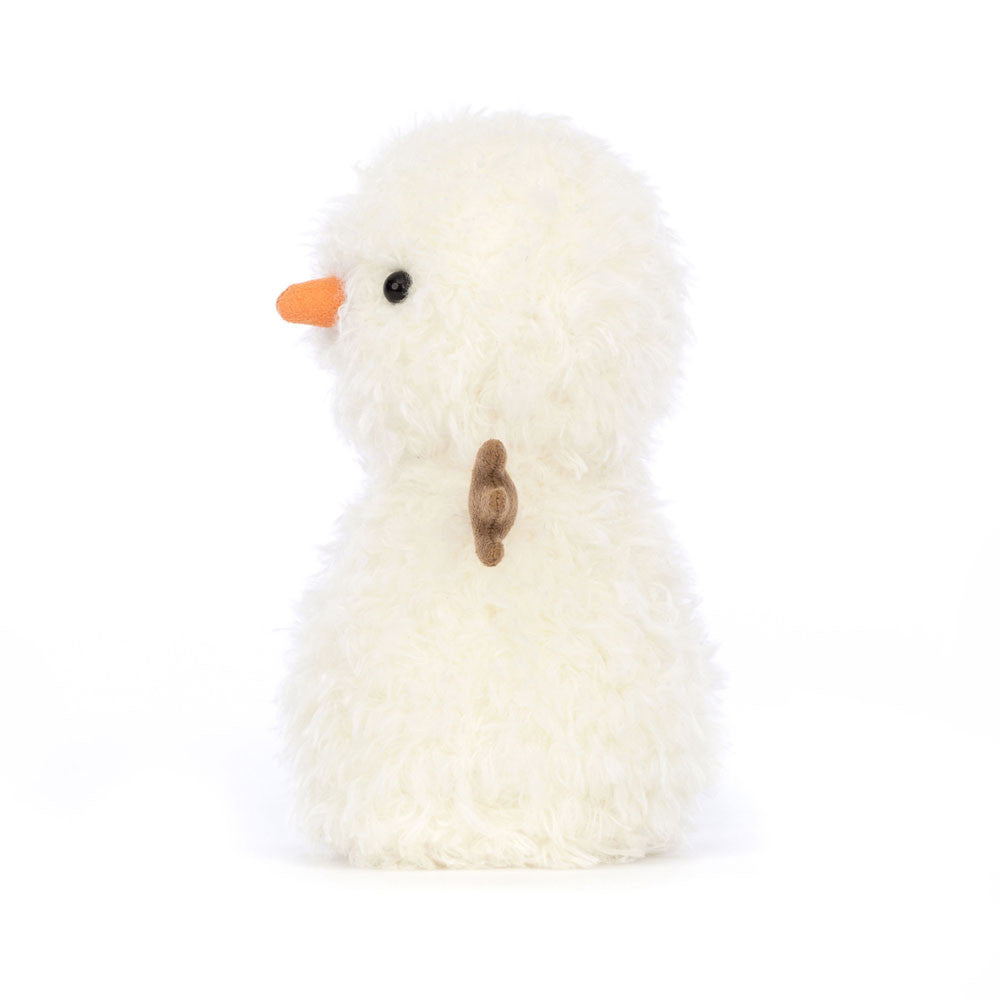 The Jelly Cat Inc. Little Snowman is a fluffy white plush toy with black eyes, a small orange carrot nose, and a brown button on its side—perfect as an adorable Christmas cooler companion.