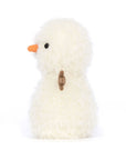 The Jelly Cat Inc. Little Snowman is a fluffy white plush toy with black eyes, a small orange carrot nose, and a brown button on its side—perfect as an adorable Christmas cooler companion.