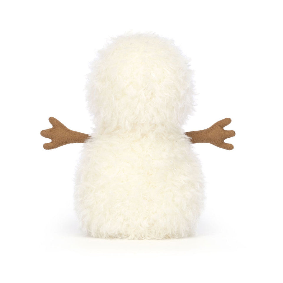 The Jelly Cat Inc. Little Snowman is a plush toy with fluffy white fur, shown from the back, and has two brown felt arms stretched out to the sides.