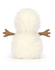The Jelly Cat Inc. Little Snowman is a plush toy with fluffy white fur, shown from the back, and has two brown felt arms stretched out to the sides.