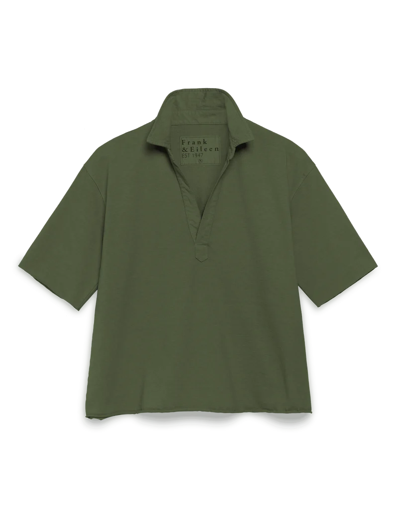The Frank &amp; Eileen Patty Popover SS Henley is a short-sleeve, olive green heritage jersey shirt with a deep V-neck and relaxed fit, shown flat on a white background.