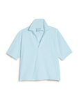 The Patty Popover SS Henley by Frank & Eileen is a light blue short-sleeved top with a relaxed fit and open V-neck, shown flat on a white background. The inner label reads "Frank & Eileen EST 1947.