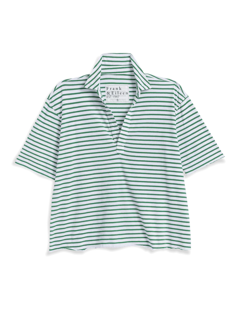 The Patty Popover SS Henley by Frank & Eileen is a short-sleeved, loose-fit green and white striped polo shirt made of 100% cotton, featuring a wide collar. The inner label reads "Frank & Eileen EST 1947.