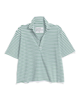 The Patty Popover SS Henley by Frank & Eileen is a short-sleeved, loose-fit green and white striped polo shirt made of 100% cotton, featuring a wide collar. The inner label reads "Frank & Eileen EST 1947.